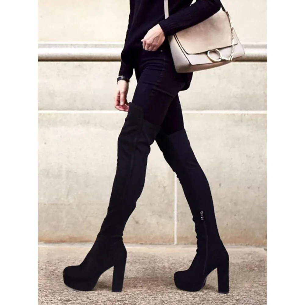 Women Black-pj-suede Synthetic Chunky Heel Side Zipper Thigh High Western Boots